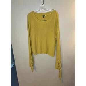 Anthropologie Women Mustard Yellow Crew Neck Sweater with Lace-up Sleeve Detail